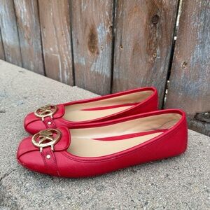 Michael Kors Women's Red Leather Flats Gold Accents Logo Shoe Size 6.5